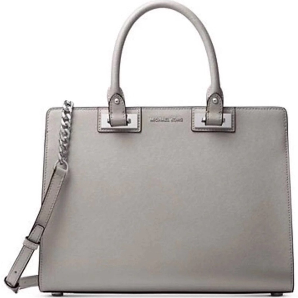 Michael Kors Women's Pearl Gray Leather Satchel with silver hardware